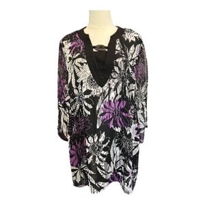 💜🖤🤍 EUC MAGGIE BARNES Black Purple White Floral Print Blouse | Sz 0X (14/16)
